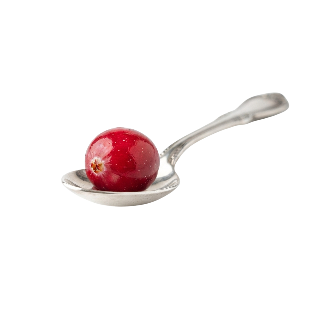 A shiny, glazed red cherry resting on a small silver spoon