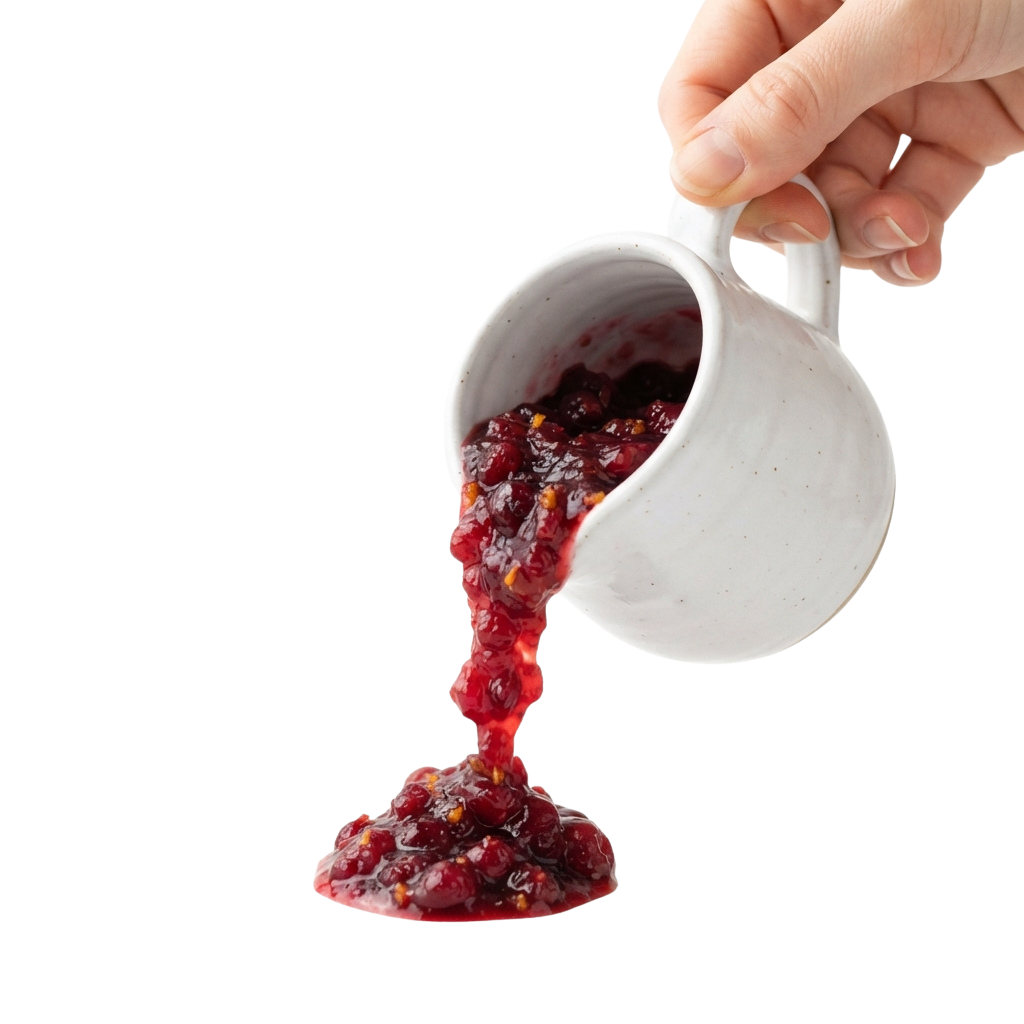 A hand holding a white ceramic mug pouring thick berry jam onto a black surface.