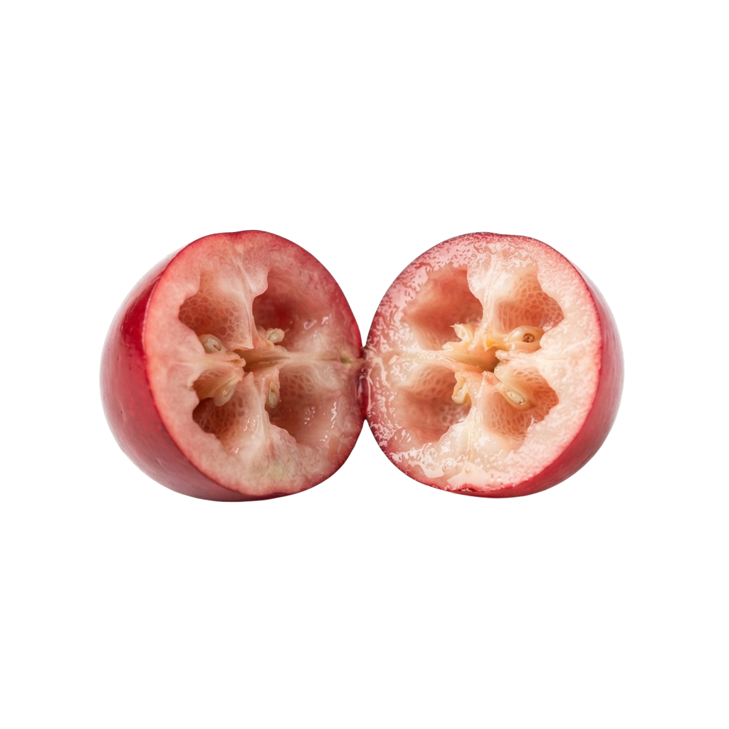Two halves of a pink guava fruit showing the inside with seeds and flesh