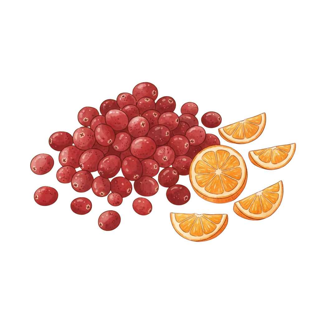 Illustration of red cranberries and sliced oranges on a black background
