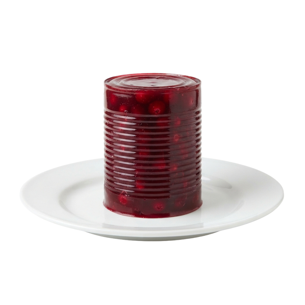 A clear glass jar filled with red berry jam placed on a white plate