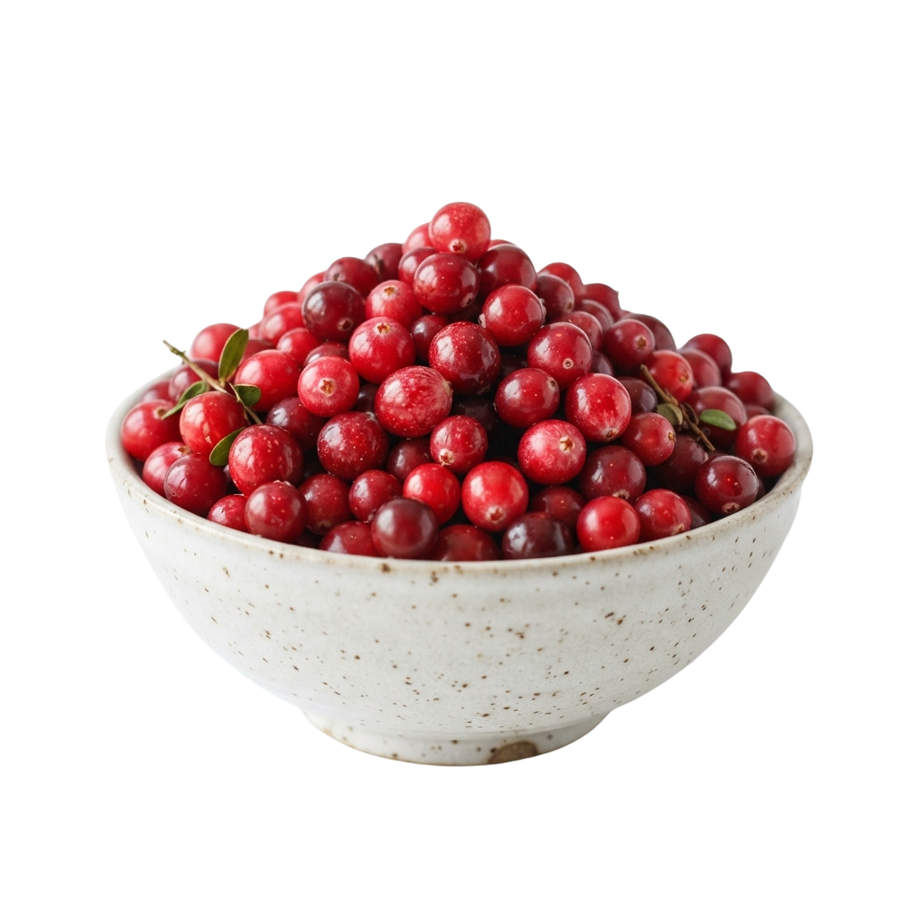 A bowl filled with bright red cranberries on a dark background