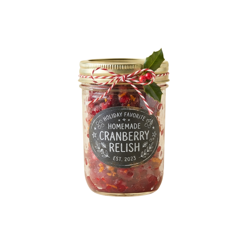 Glass jar of homemade cranberry relish with decorative ribbon and holly leaf on lid