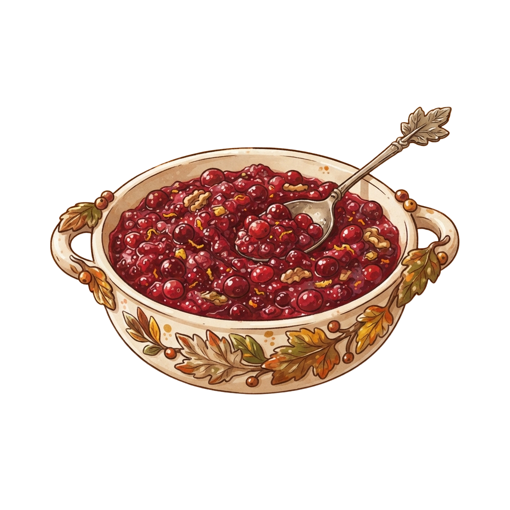 A decorative ceramic bowl filled with cranberry sauce and a spoon resting inside it