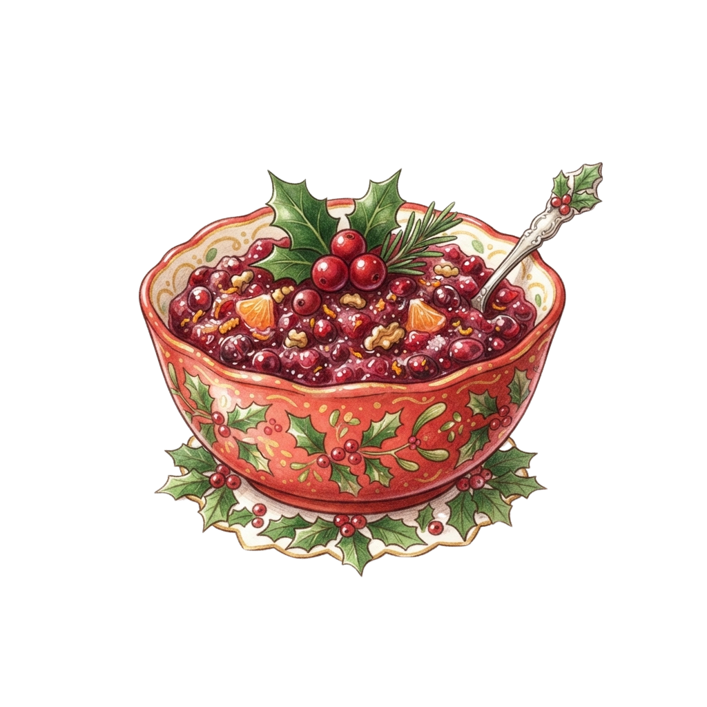 A decorative red bowl filled with cranberry sauce, garnished with holly leaves and berries, topped with pine sprigs and a serving spoon.
