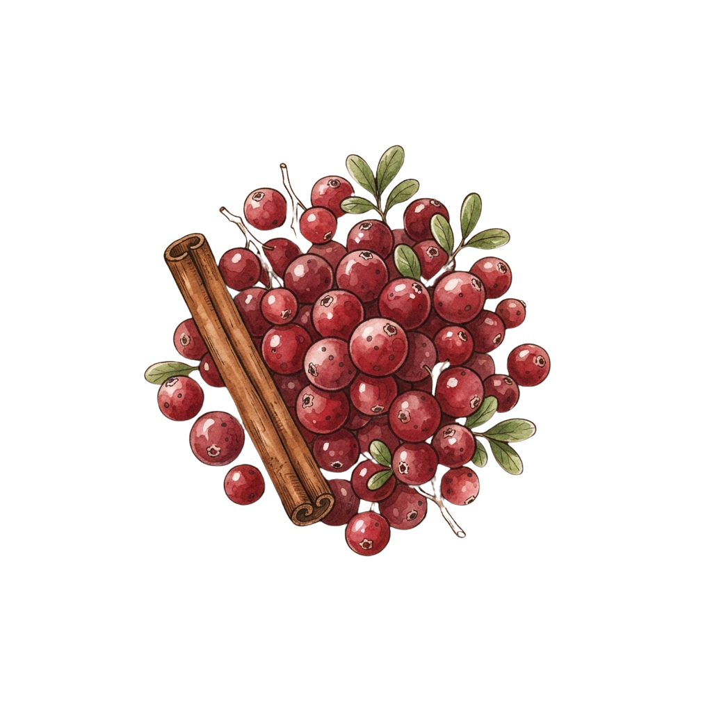 A cluster of red cranberries with green leaves and a cinnamon stick on a dark background