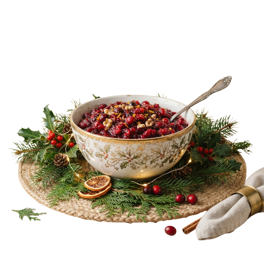 A decorative bowl filled with cranberry sauce topped with nuts, surrounded by pine branches, holly leaves, and berries on a woven placemat