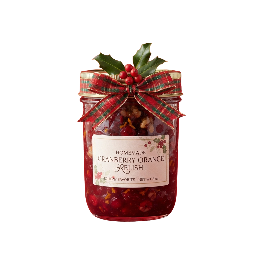 Jar of homemade cranberry orange relish with plaid ribbon and holly decoration on top