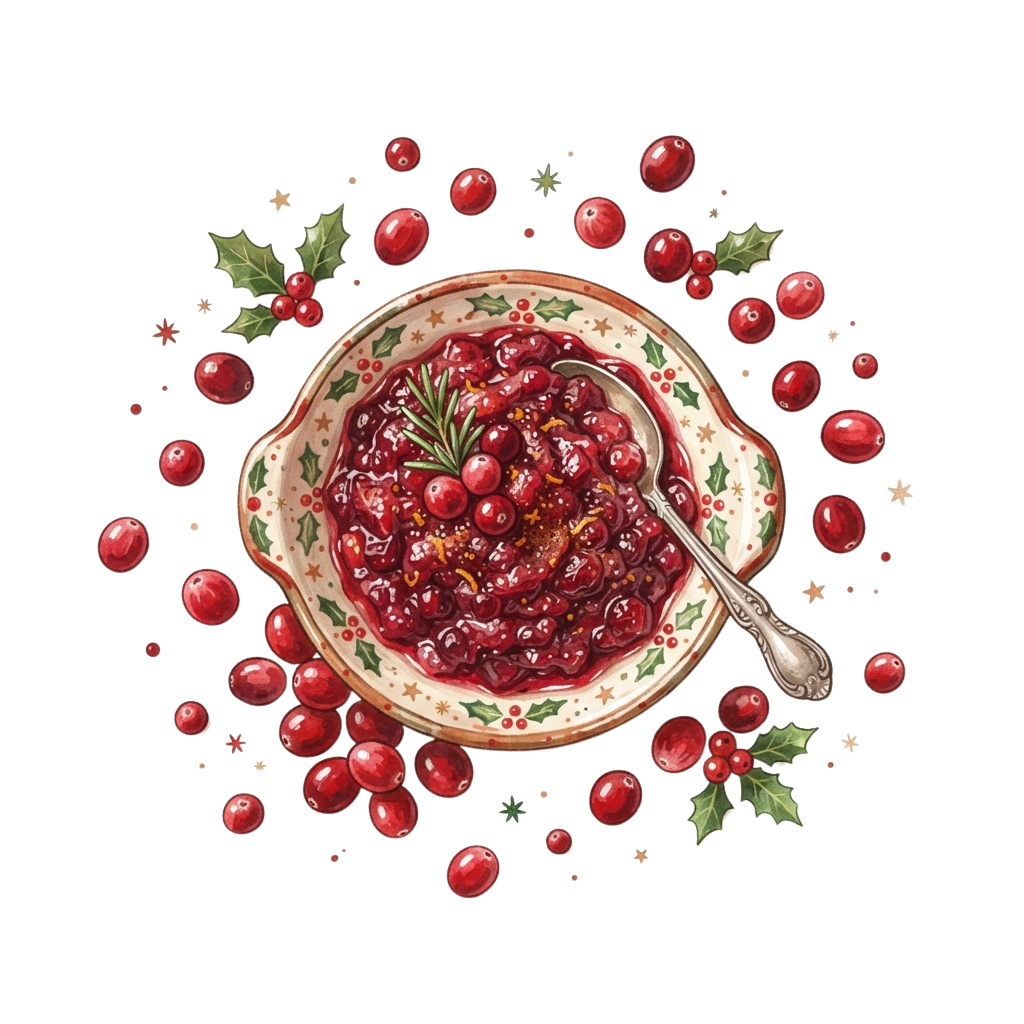 Illustration of a bowl of cranberry sauce surrounded by cranberries and holly leaves on a dark background