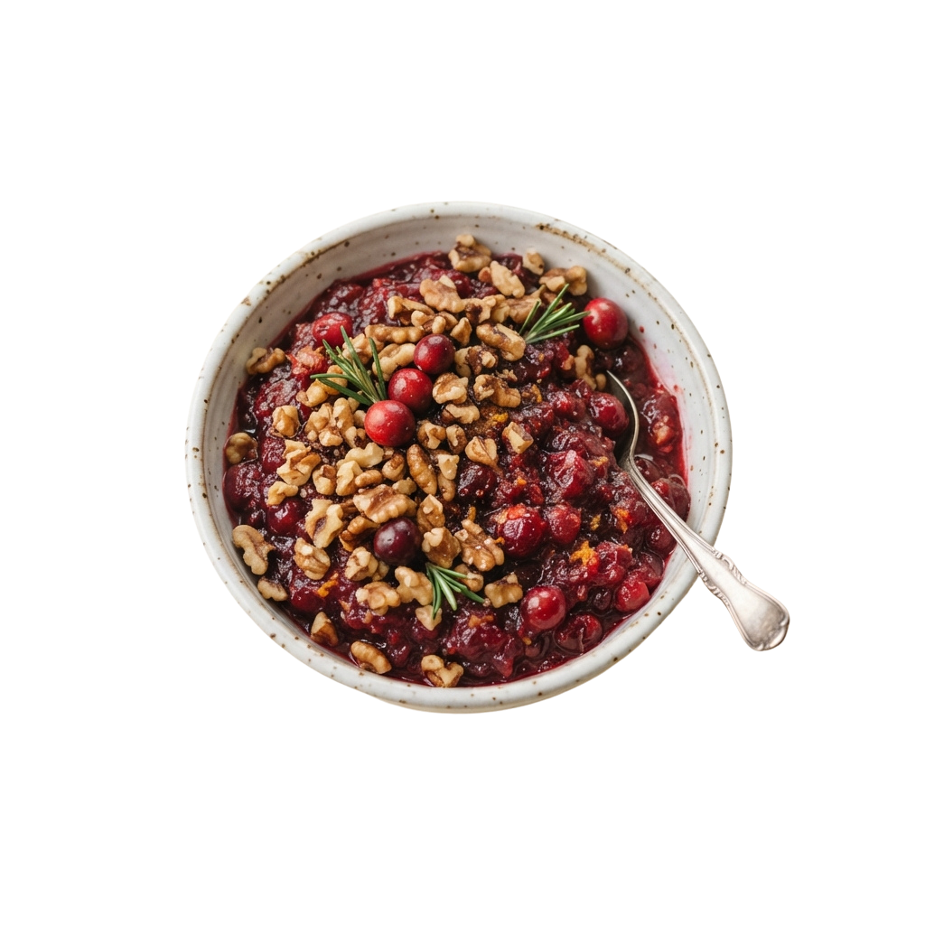 A ceramic bowl filled with cranberry walnut crisp topped with chopped walnuts and fresh cranberries