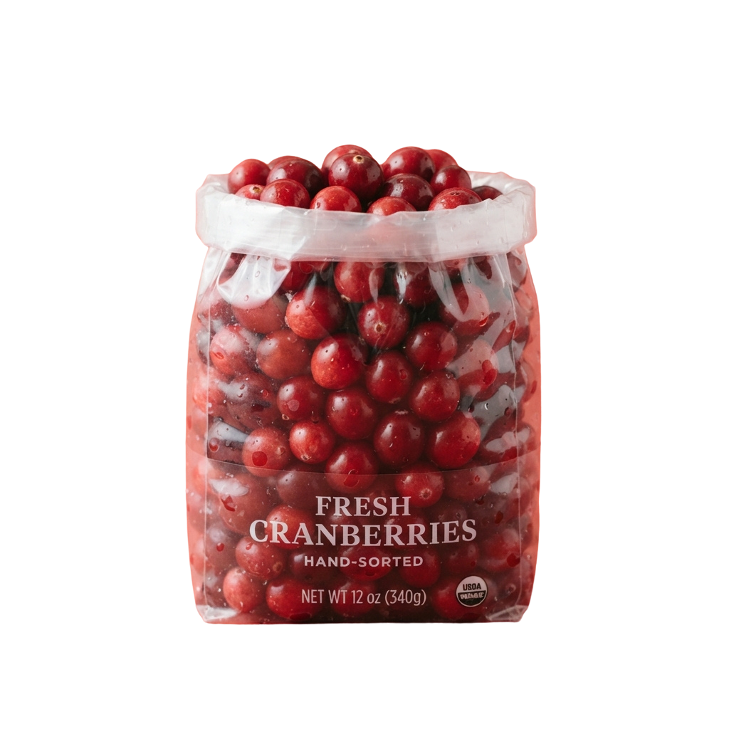 Clear plastic bag filled with fresh red cranberries, labeled hand-sorted, 12 oz net weight