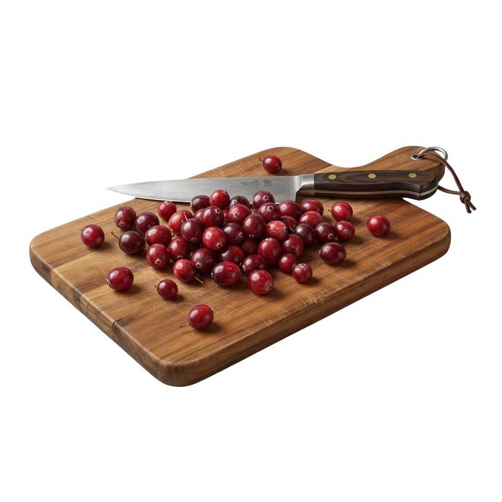 A wooden cutting board with fresh cranberries and a knife resting beside them