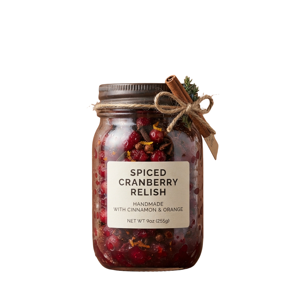 Glass jar of spiced cranberry relish with cinnamon sticks tied on top, labeled handmade with cinnamon and orange