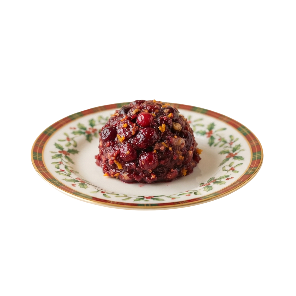 A plate of cranberry orange nut bread pudding with decorative holiday green and red patterns around the edge
