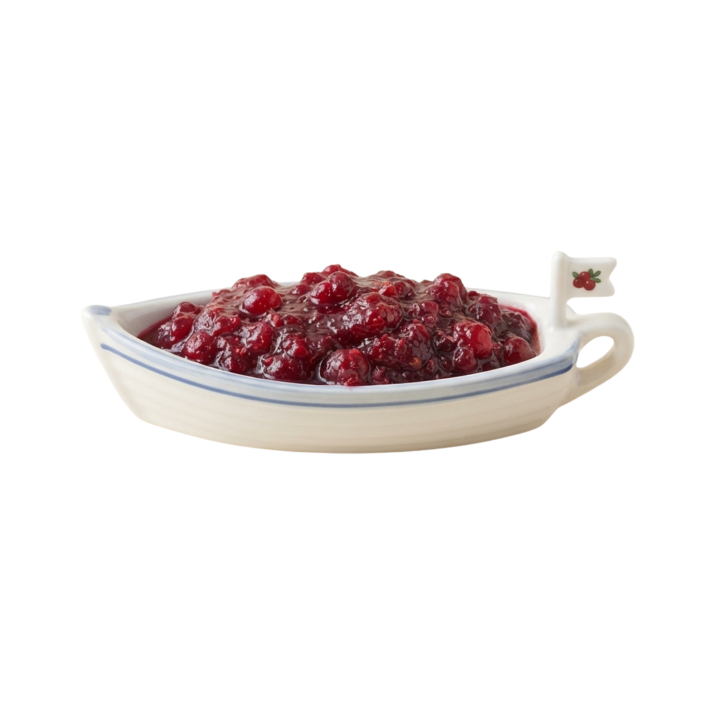 White boat-shaped dish filled with red cranberry sauce and a small flag decoration