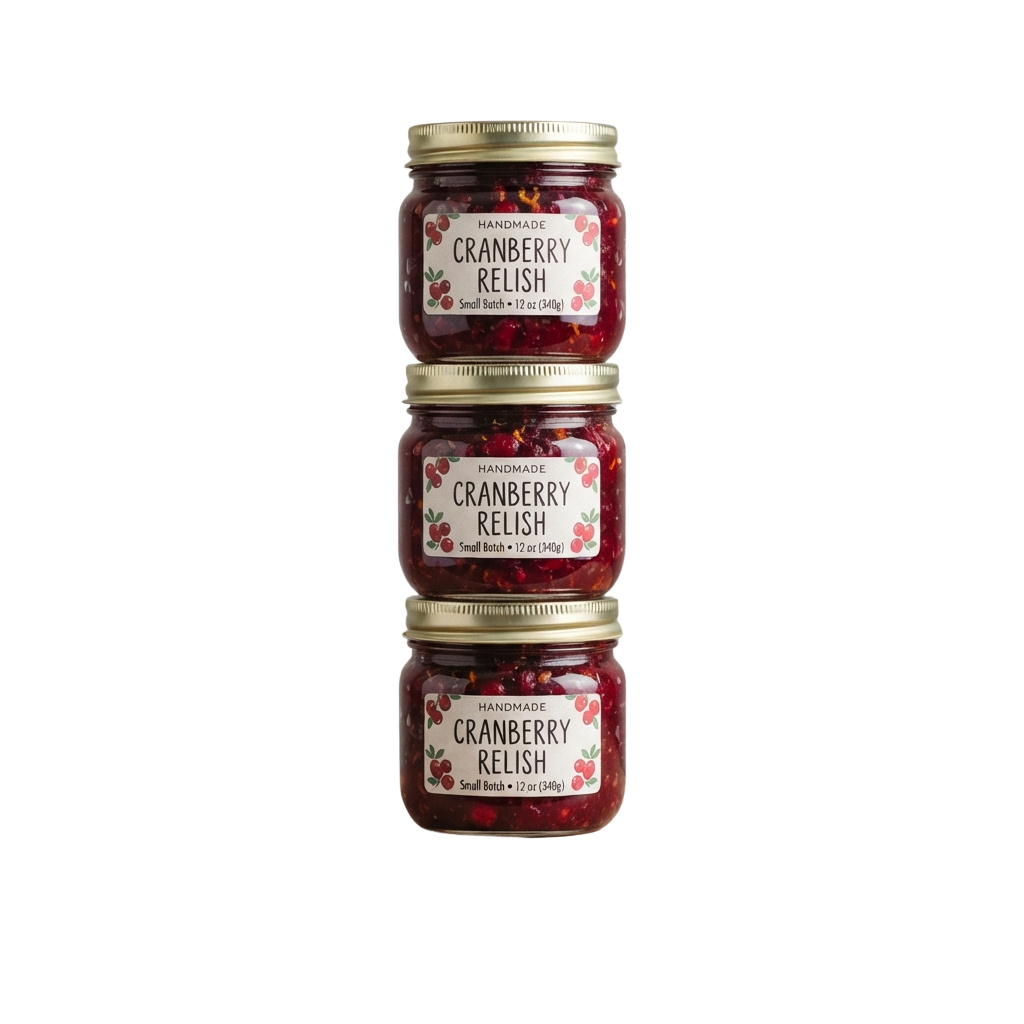 Three small jars of handmade cranberry relish stacked vertically against a dark background