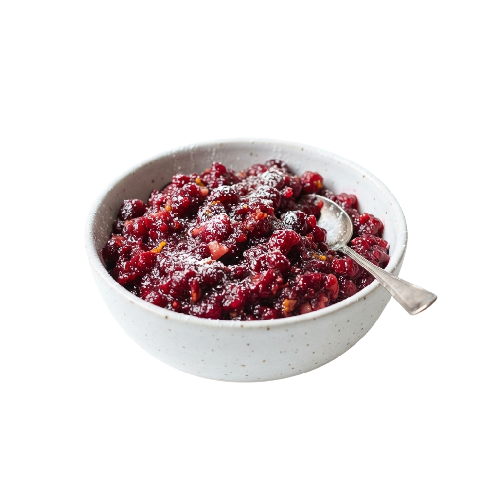 A white ceramic bowl filled with cranberry compote topped with powdered sugar and a spoon.