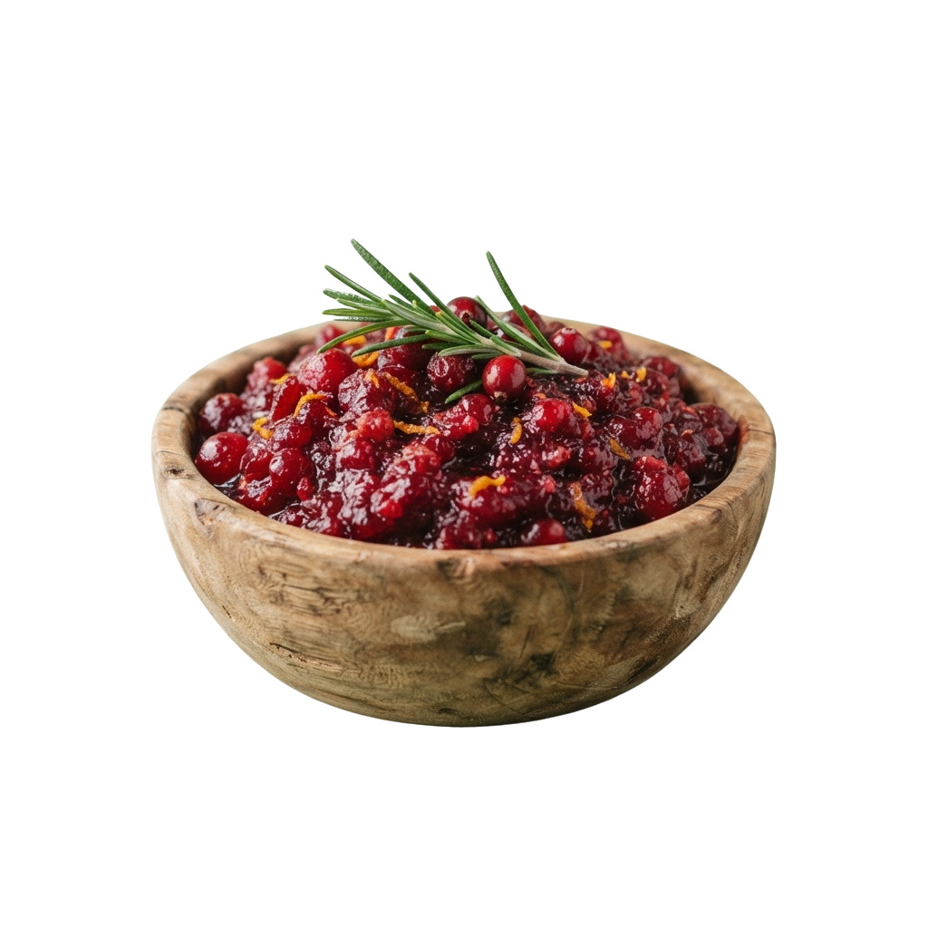 Wooden bowl filled with cranberry sauce garnished with rosemary sprig