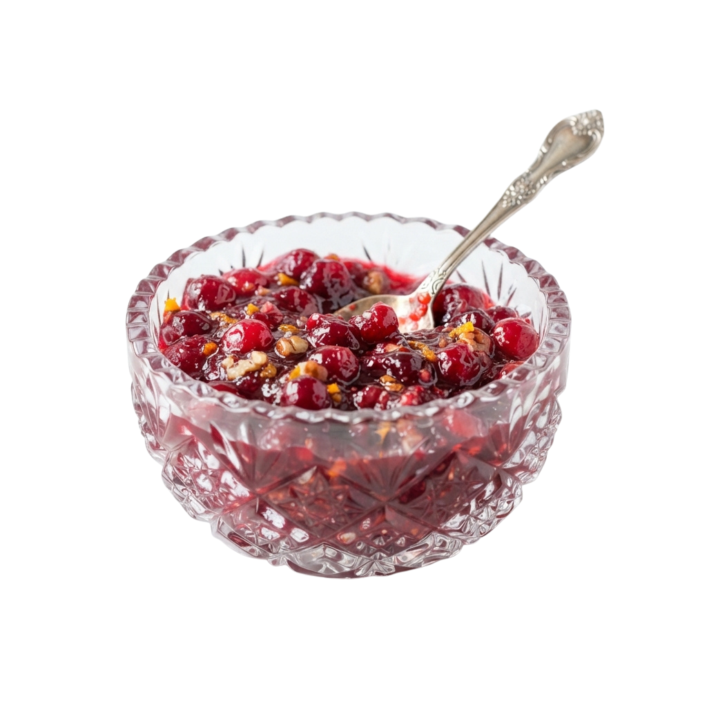 A glass bowl filled with cranberry sauce and whole cranberries, served with a silver spoon