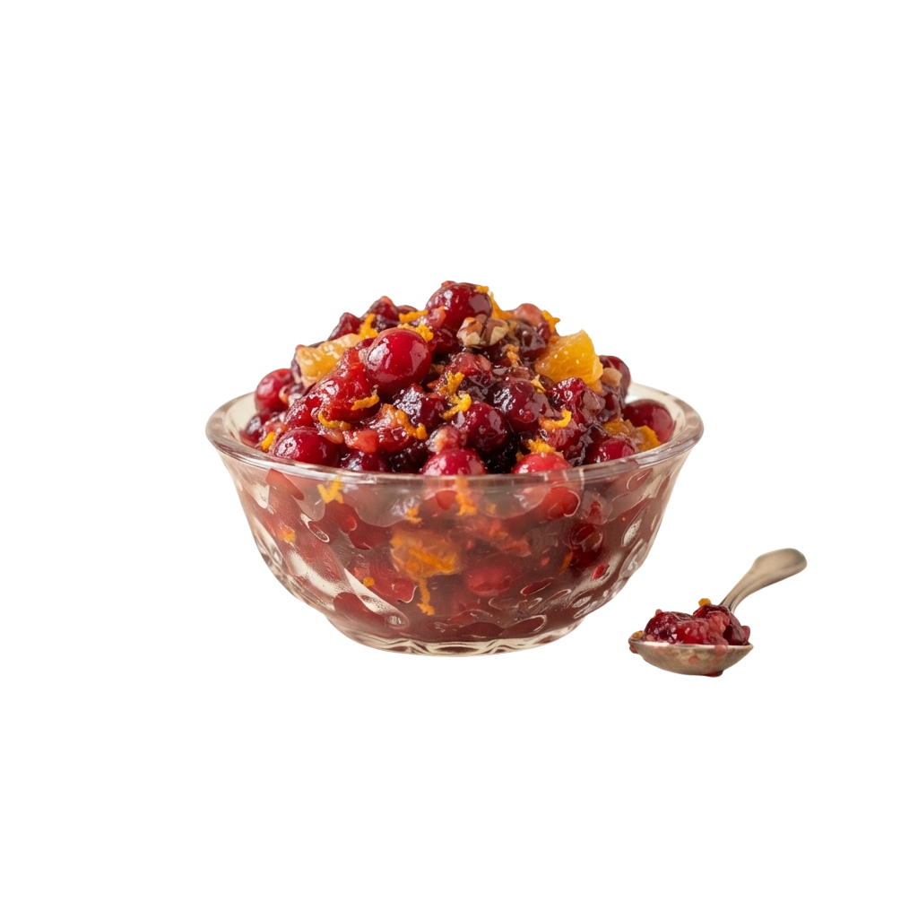 A glass bowl filled with cranberry orange sauce and a spoonful of the sauce on a black background