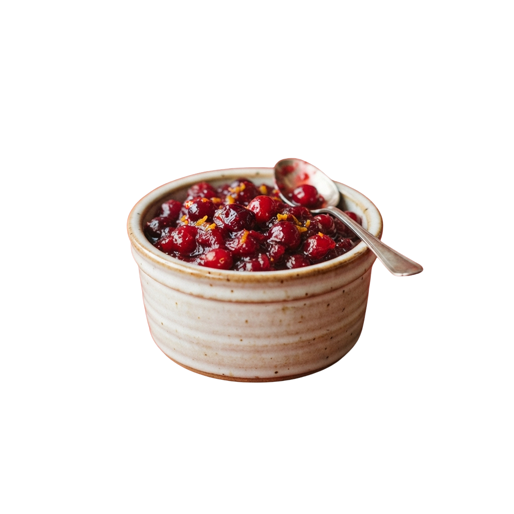 A ceramic bowl filled with cranberry sauce and a spoon resting inside it