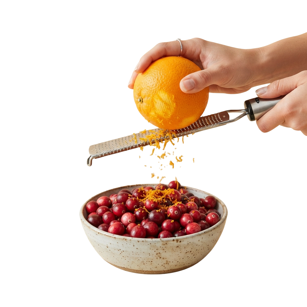 Hands zesting an orange over a bowl of cranberries on a black background