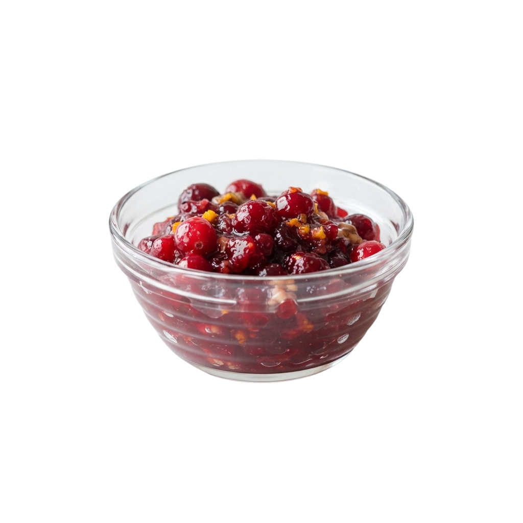 A transparent glass bowl filled with cranberry sauce and chopped nuts