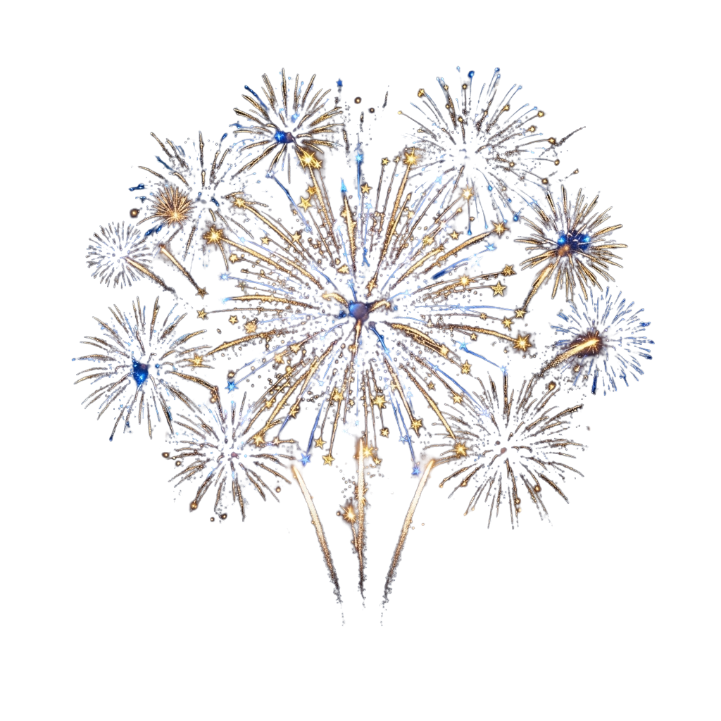 A vibrant fireworks show with blue and gold explosions lighting up the dark sky