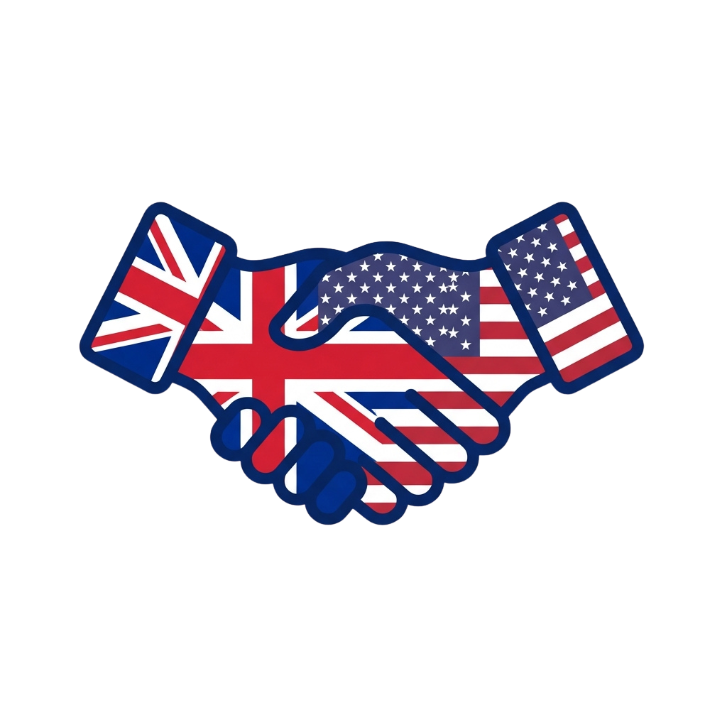 Two hands shaking depicted as UK and US flags
