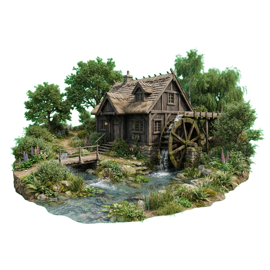 A picturesque wooden cottage beside a stream with a water wheel and lush greenery