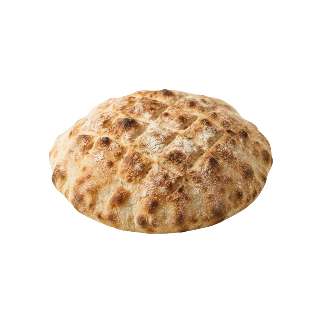 A round, golden-brown flatbread with a puffed, crispy crust and visible air pockets.