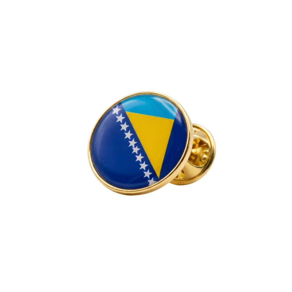 Round gold lapel pin featuring the blue and yellow flag of Bosnia and Herzegovina with white stars