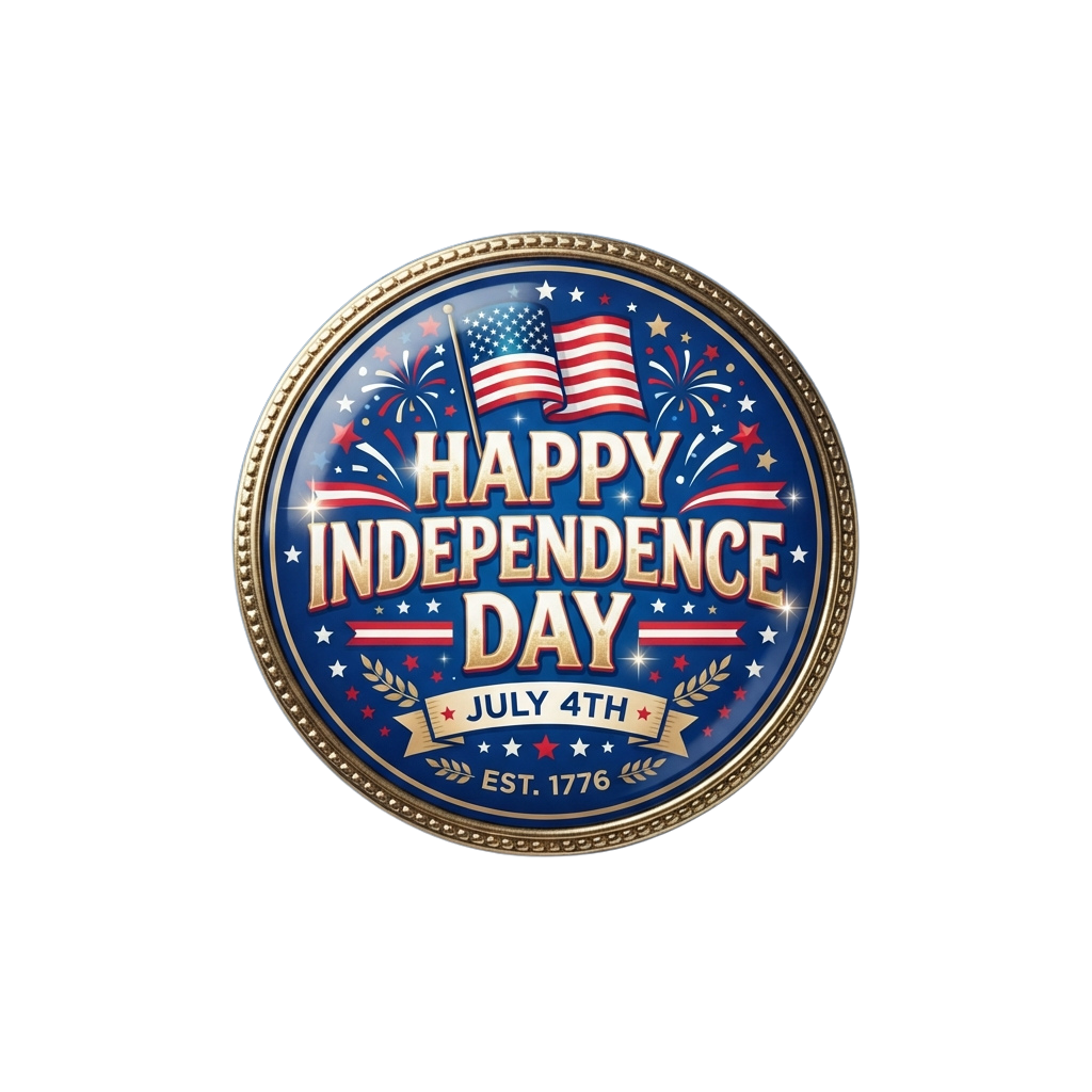 Round button celebrating Independence Day with American flag, fireworks, and Happy Independence Day text
