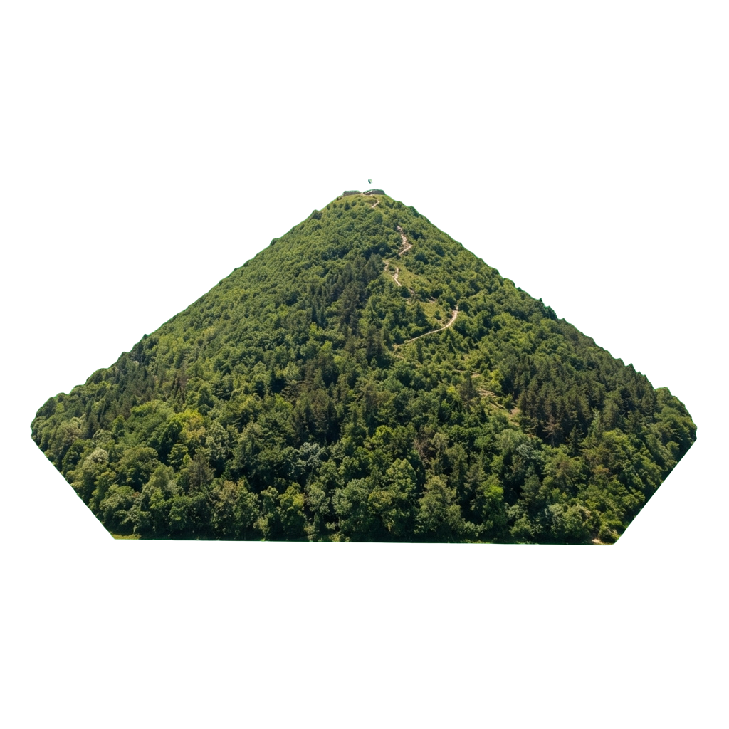 Aerial view of a densely forested mountain with a winding trail leading to the summit