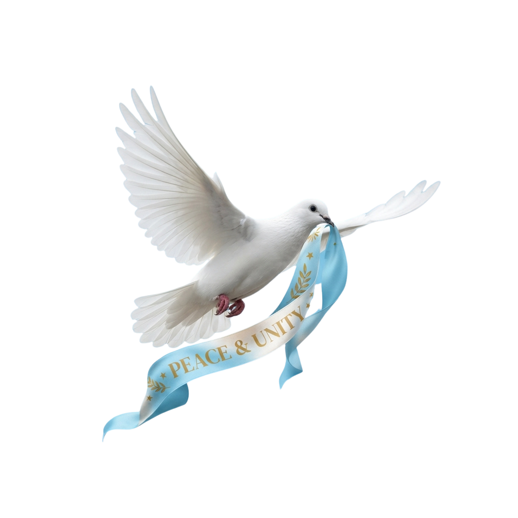 White dove in flight holding a blue ribbon with Peace and Unity written on it