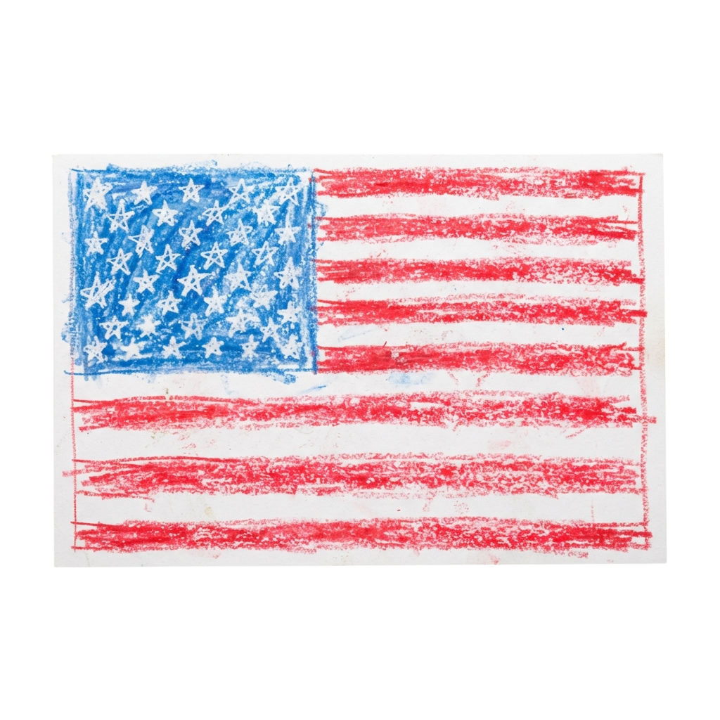 Crayon drawing of the American flag with blue field of stars and red and white stripes