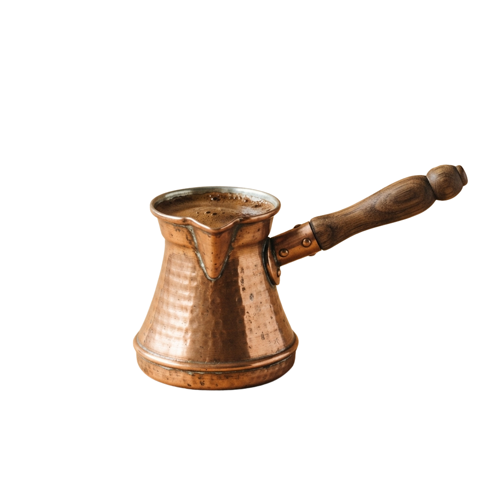 A copper cezve with a wooden handle used for brewing Turkish coffee