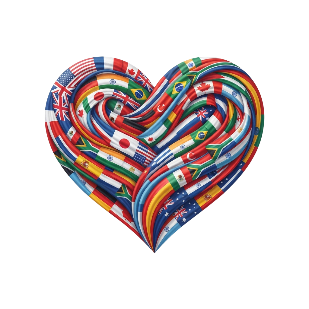 Heart shape composed of various national flags intertwined together