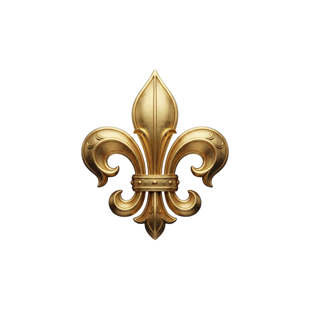 A golden fleur-de-lis symbol with intricate detailing against a black background
