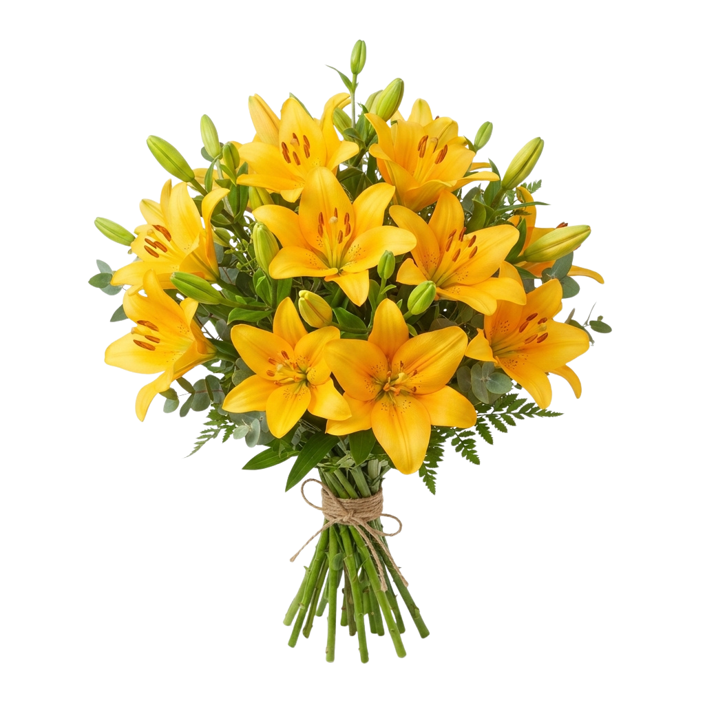 A bouquet of bright yellow lilies wrapped with twine against a black background