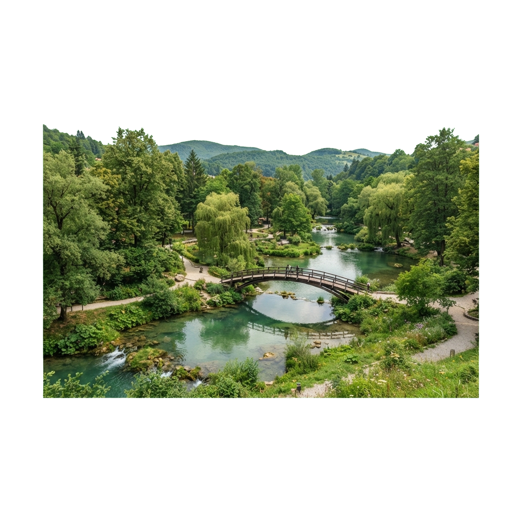 A picturesque park scene featuring a wooden bridge over a pond with lush greenery and a flowing river in the background