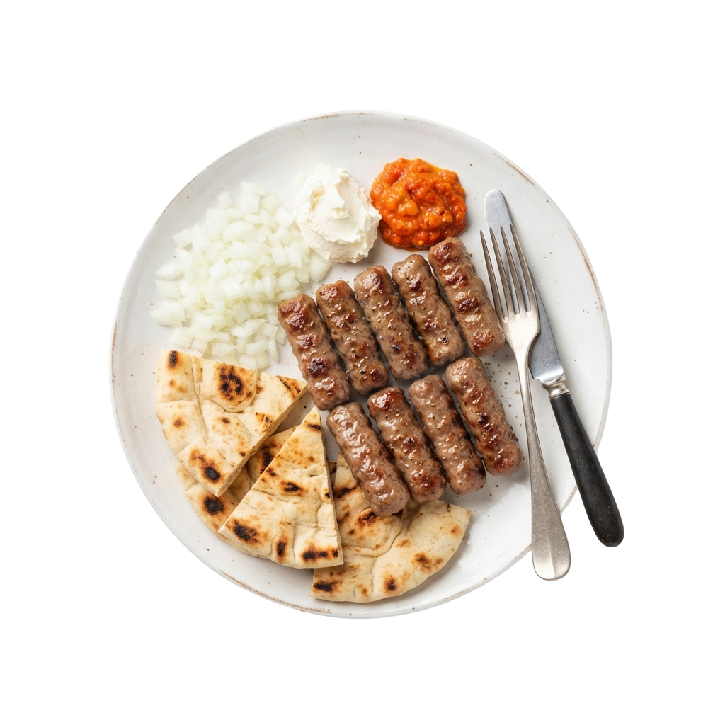 A plate featuring grilled sausages, flatbread pieces, shredded cabbage salad, sour cream, and spicy relish