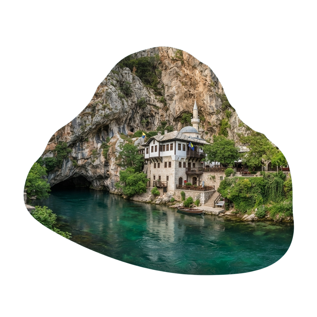 A picturesque house with a minaret-like tower beside a calm lake and rocky cliffs