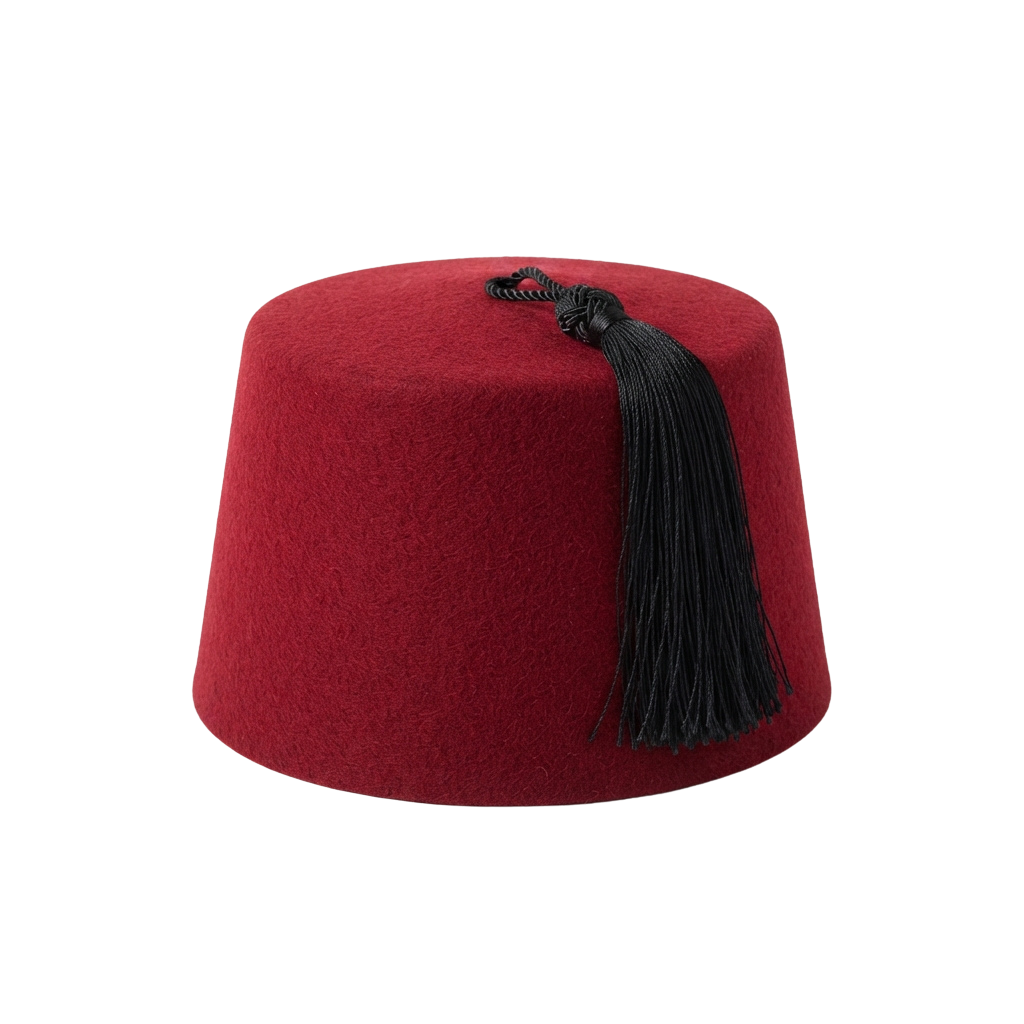 A bright red felt hat with a black tassel hanging from the side