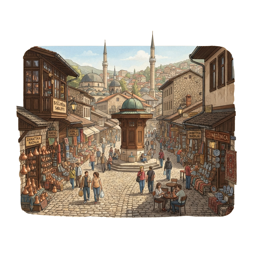 A bustling historic bazaar with cobblestone streets, traditional shops, and people walking and socializing.