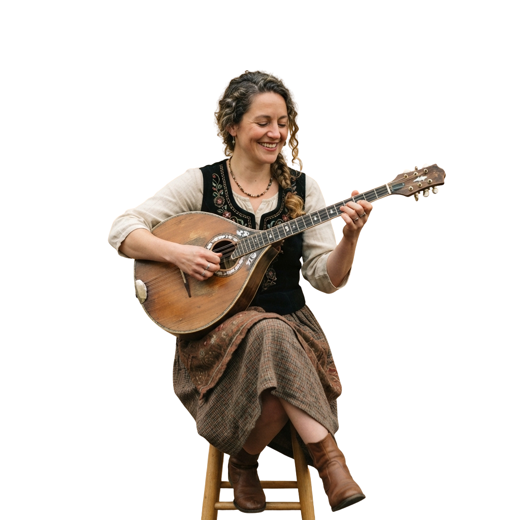 A smiling woman in period-style clothing plays a mandolin while seated on a wooden stool.