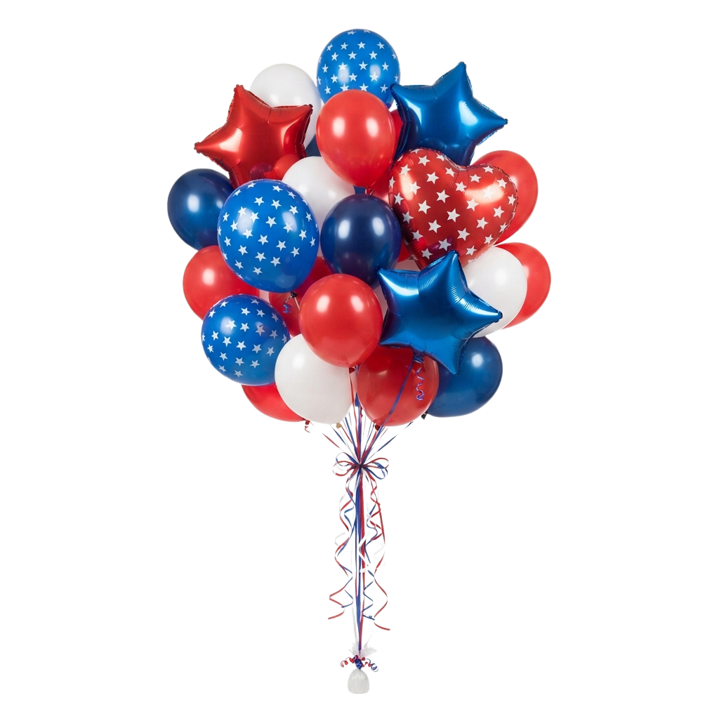 Cluster of red, white, and blue foil balloons shaped like stars and hearts, tied with ribbon.