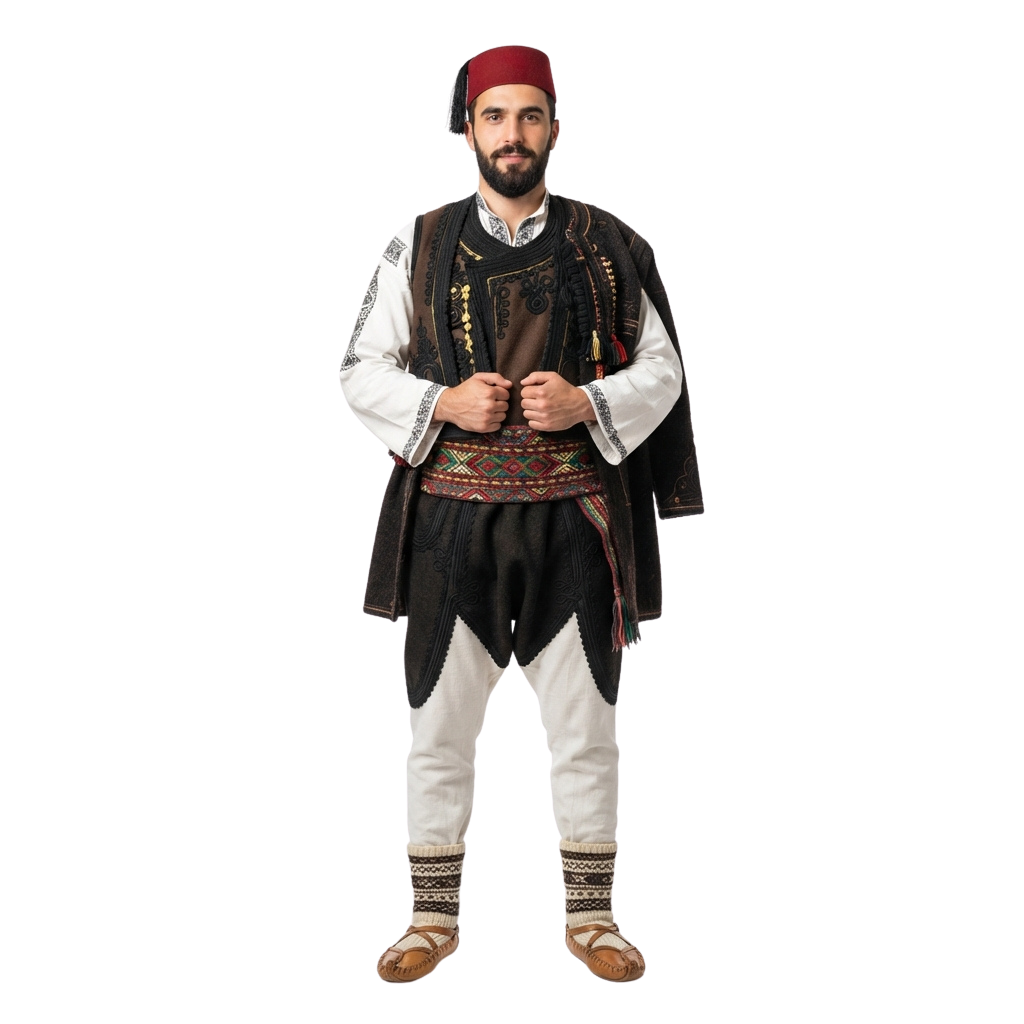 Man wearing traditional Balkan folk attire including a red hat, embroidered vest, white shirt, and patterned belt