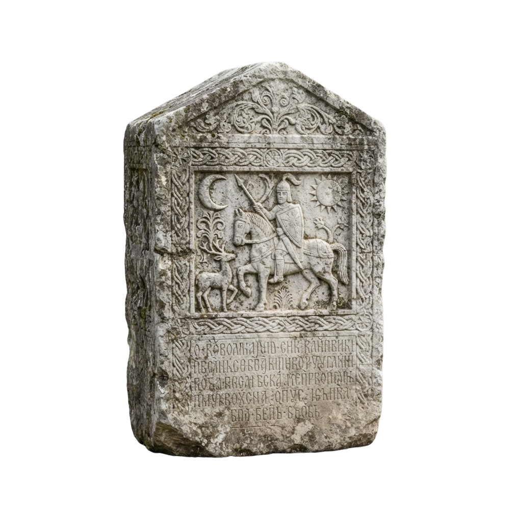 A detailed stone carving featuring a warrior on horseback, religious symbols, and Armenian script.