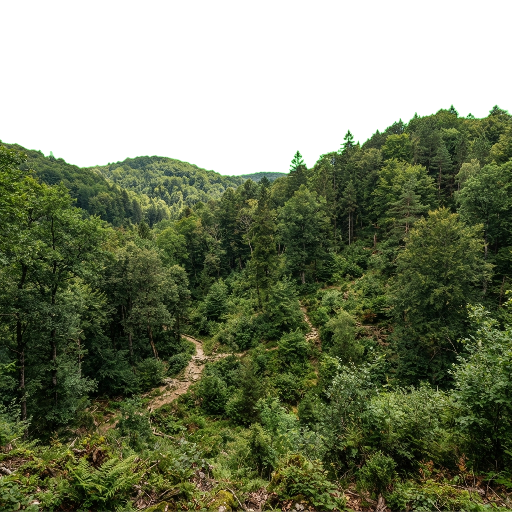 A winding dirt trail through a dense, green forest with tall trees and rolling hills
